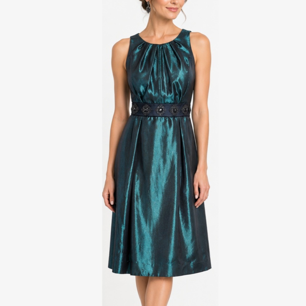 Badgley Mischka Teal Metallic Embellished Waist Cocktail Dress 552036 Size 4